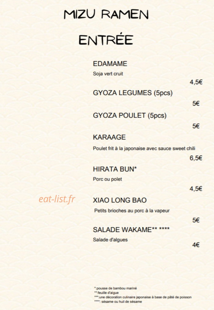 Mizu Ramen — carte page 1