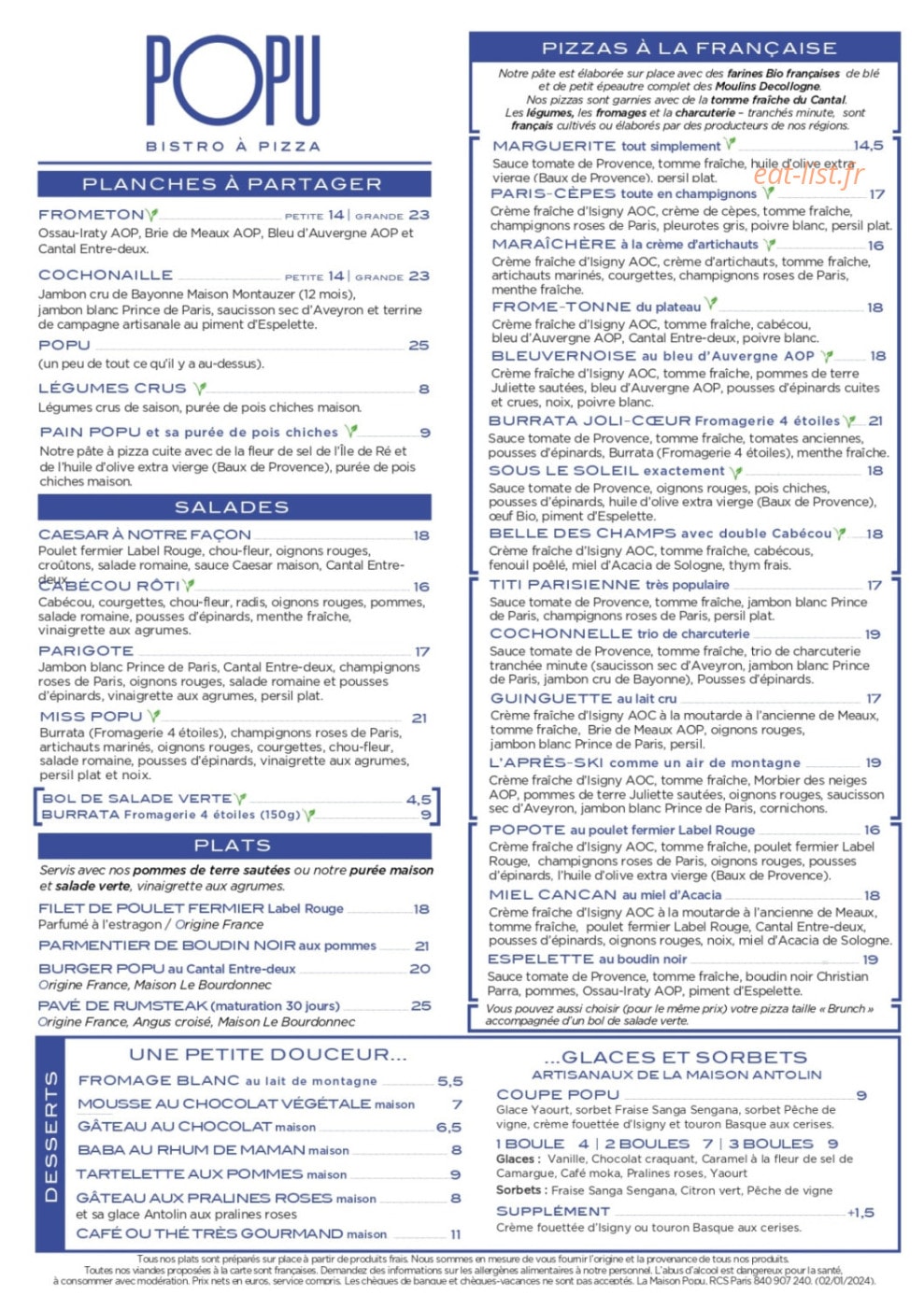 Popu Bistro à Pizza — carte page 2