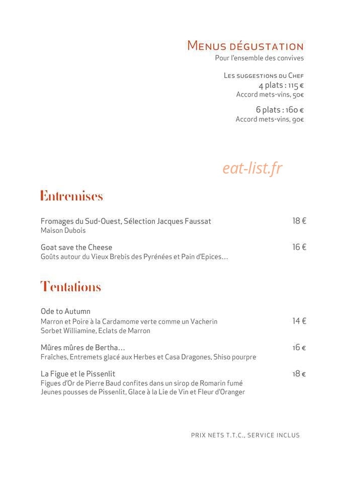 Restaurant Jacques Faussat — carte page 1