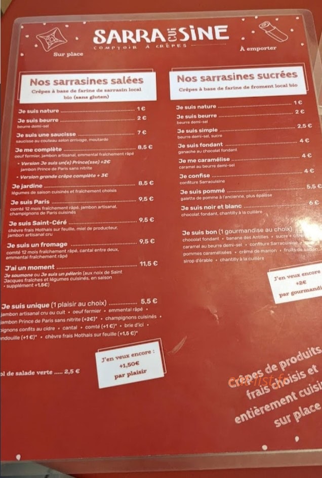 Sarracuisine — carte page 1