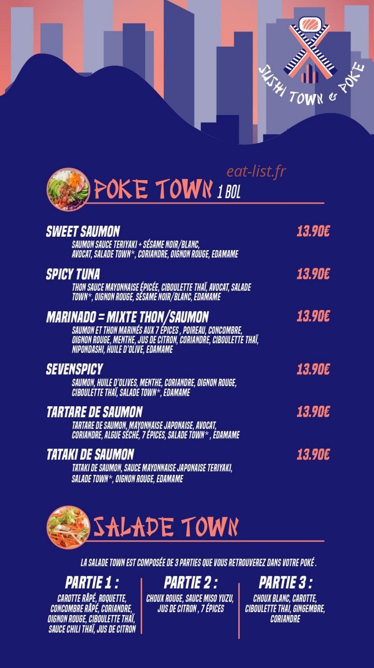 Carte et menu de Sushi Town & poke à Paris 17 — Poké town et salade town