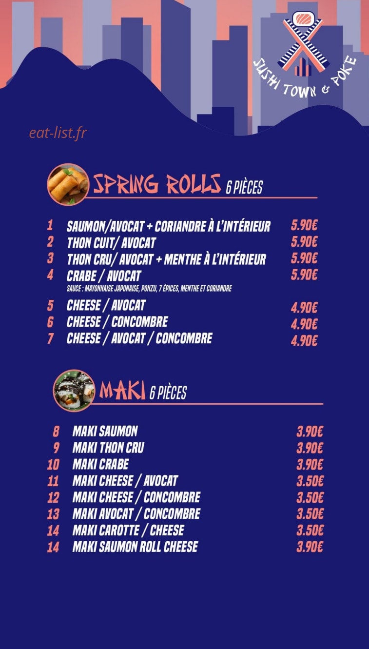 Carte et menu de Sushi Town & poke à Paris 17 — Spring rolls et maki