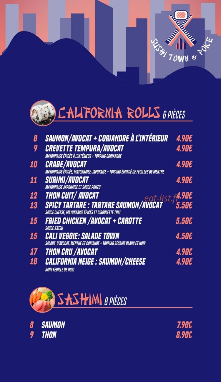 Carte et menu de Sushi Town & poke à Paris 17 — California rolls et sashimi