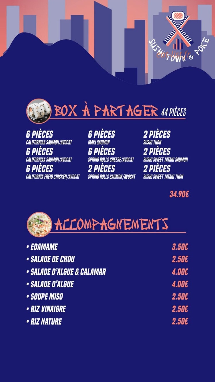 Carte et menu de Sushi Town & poke à Paris 17 — Box à partager et accompagnements