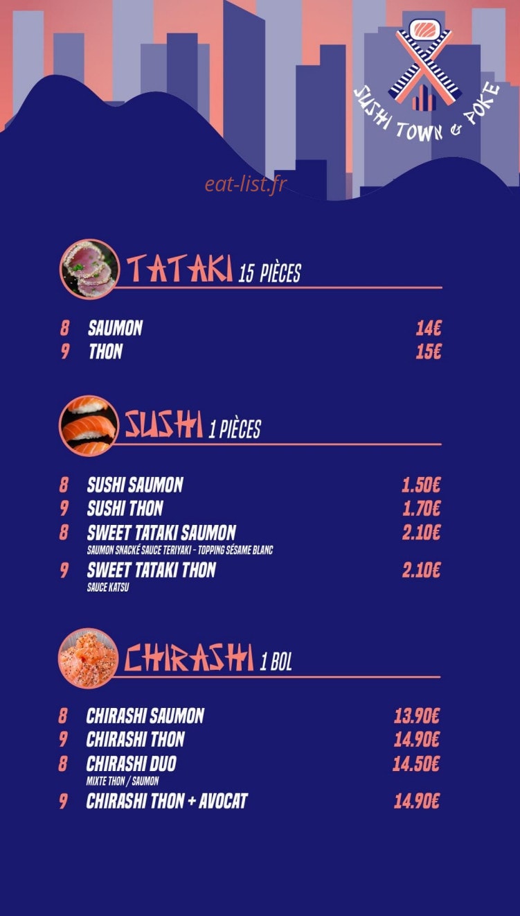 Carte et menu de Sushi Town & poke à Paris 17 — Tataki, sushi et chirashi