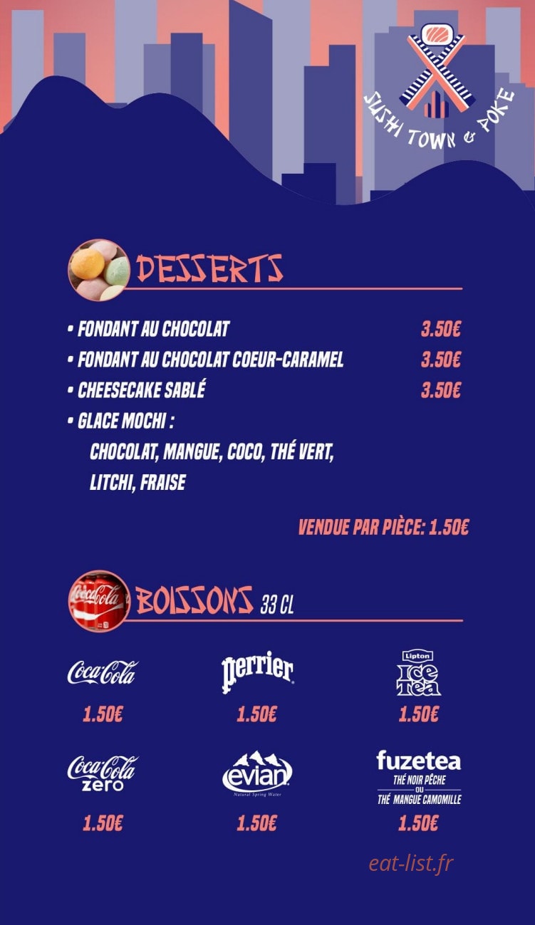 Carte et menu de Sushi Town & poke à Paris 17 — Desserts et boissons