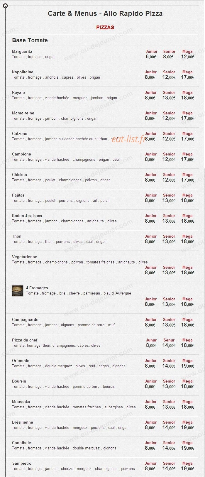 Allo Rapido Pizza — carte page 1
