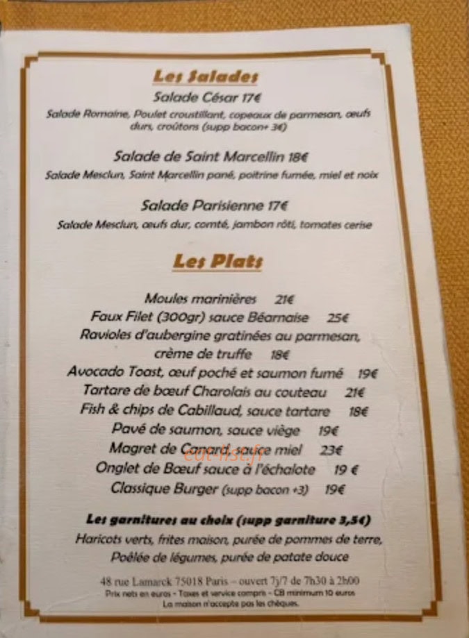 Carte et menu de Au Relais à Paris 18 — Les salades, les plats