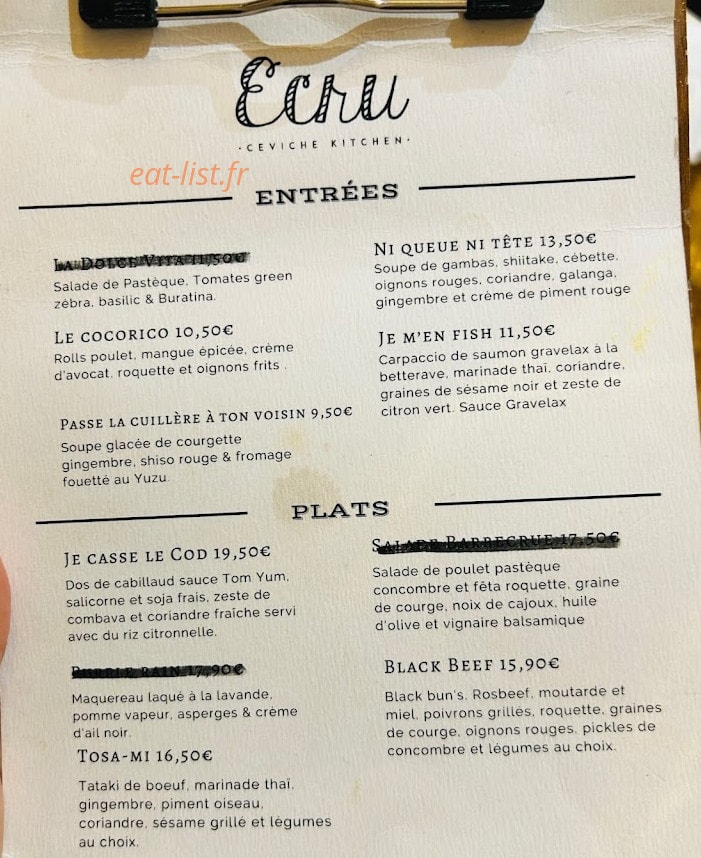 Ecru Kitchen — carte page 1
