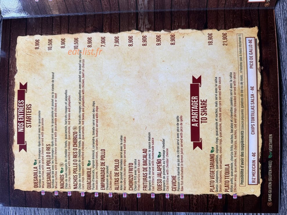 Carte et menu de El Tequila à Paris 18 — Les menus suite