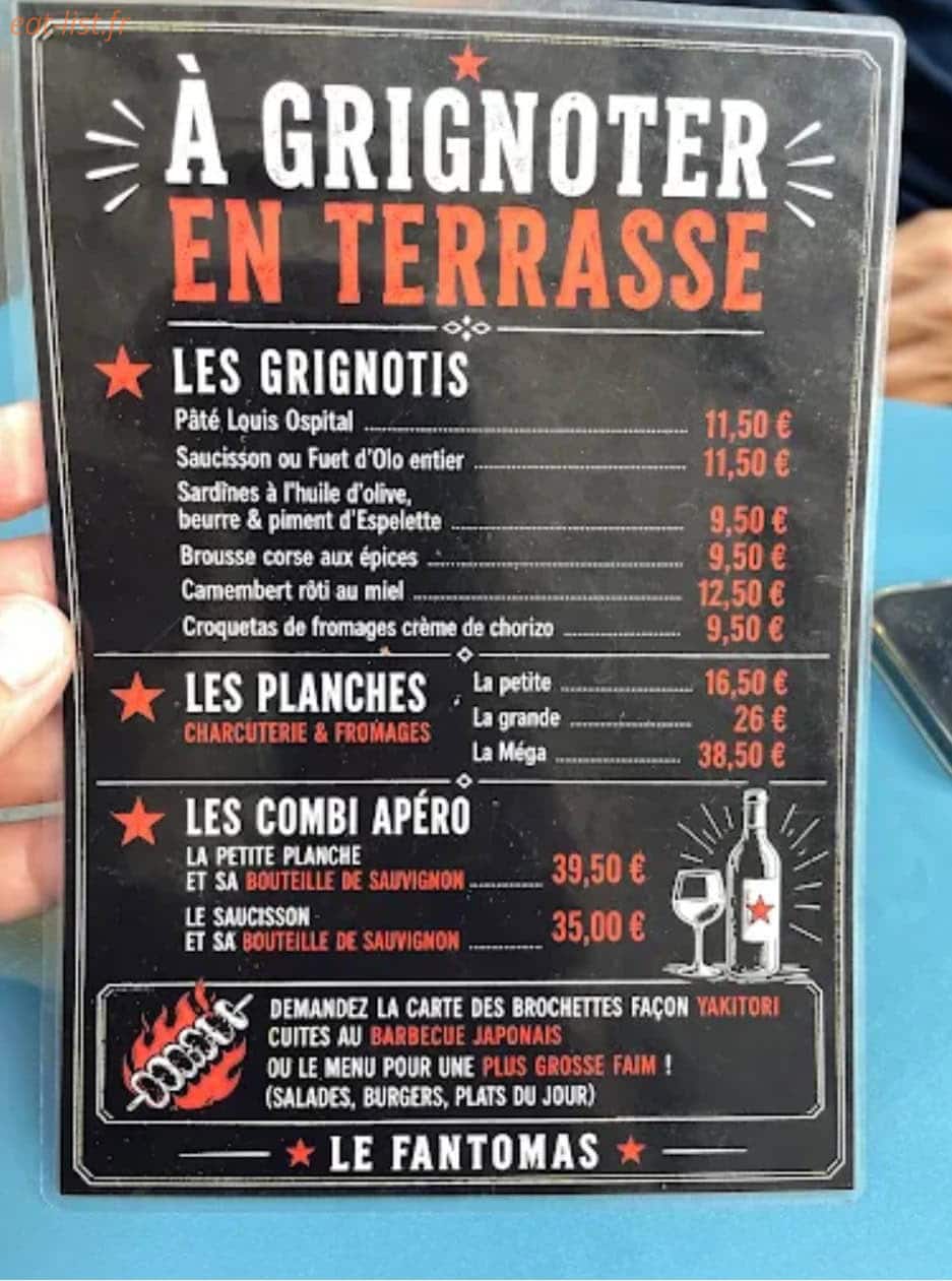 Carte et menu de Fantomas à Paris 18 — A grignoter en terrasse