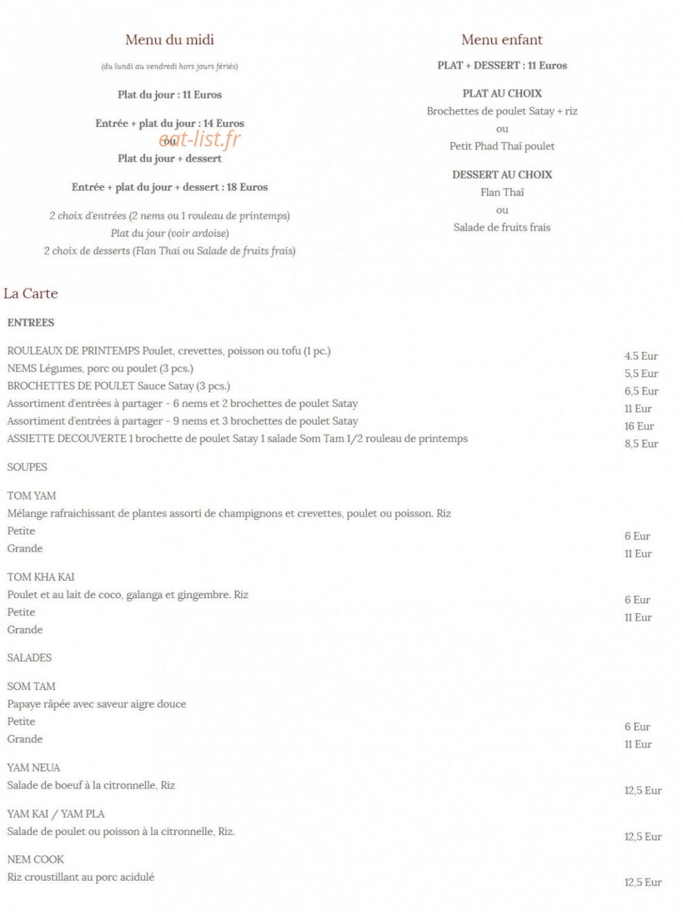 La Brasserie Thaï — carte page 1