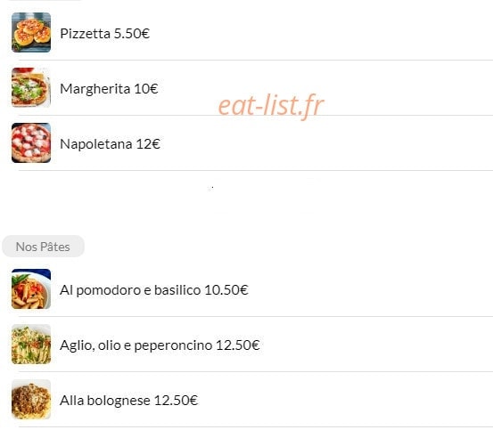 Carte et menu de La Favorita Trattoria Italiana à Paris 18 — Les Pizzas et Pâtes