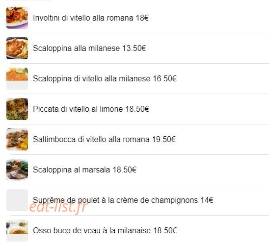 Carte et menu de La Favorita Trattoria Italiana à Paris 18 — Les Viandes, servies avec pâtes, frites, salade ou légumes