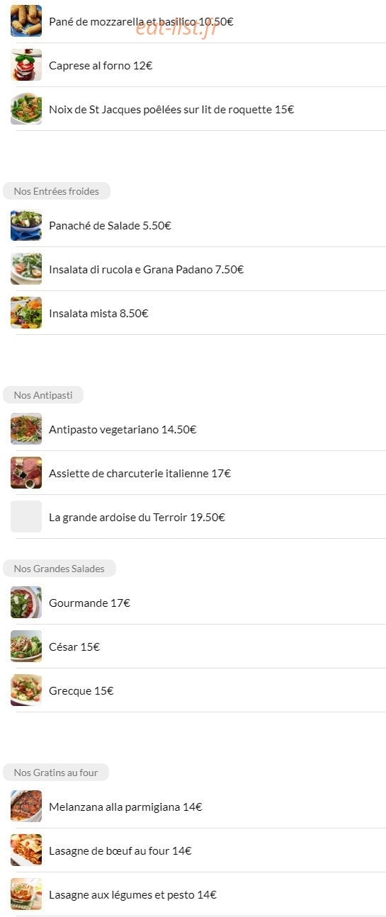 Carte et menu de La Favorita Trattoria Italiana à Paris 18 — Les starters, salades et plats gratinés