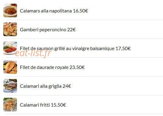 Carte et menu de La Favorita Trattoria Italiana à Paris 18 — Les Poissons, servis avec riz ou légumes