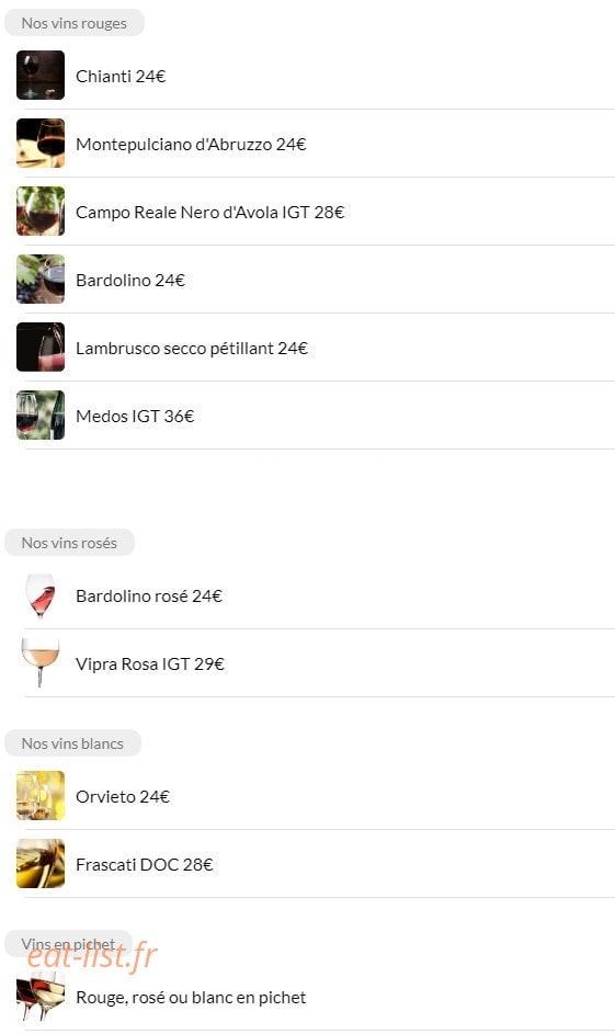 Carte et menu de La Favorita Trattoria Italiana à Paris 18 — Les vins
