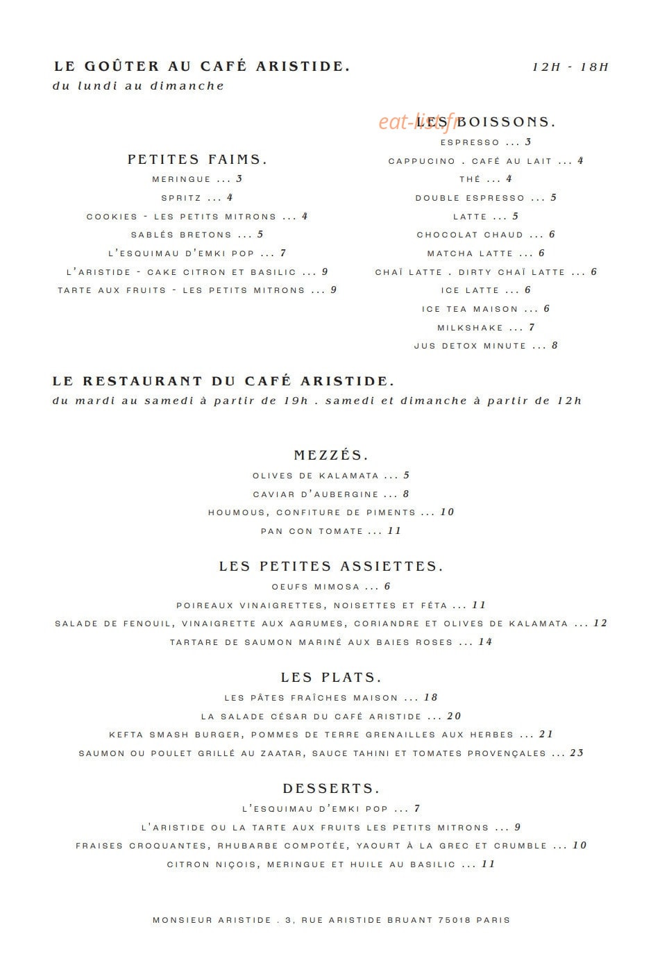 Le Café Aristide — carte page 1