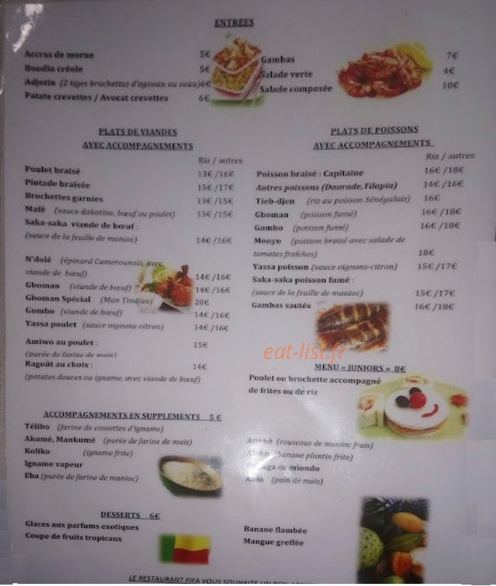 Le Fifa Restaurant Beninois — carte page 1