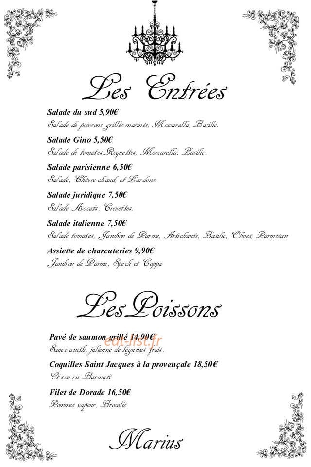 Marius Restaurant — carte page 1