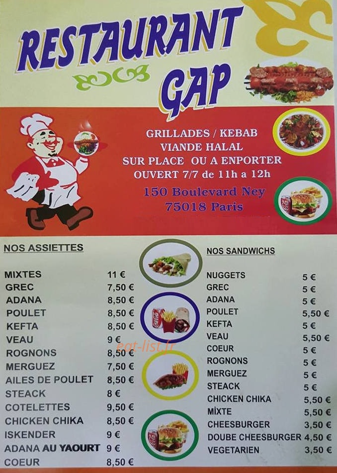 Restaurant Gap — carte page 1