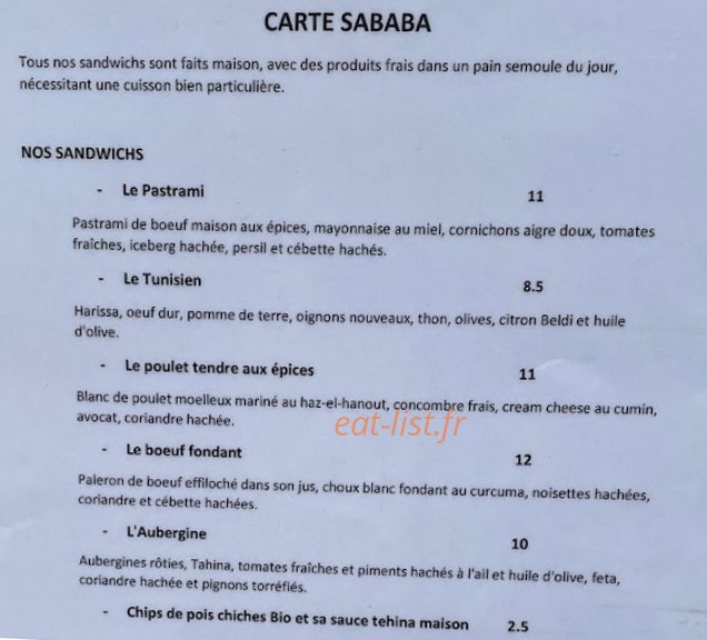 Sababa street food — carte page 1