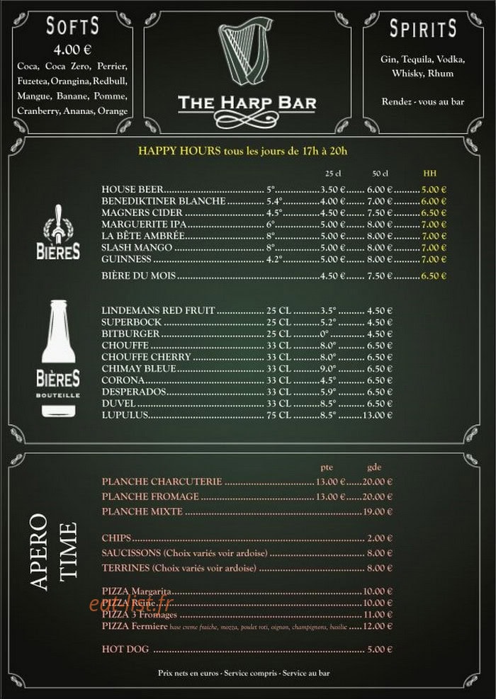 The Harp Bar — carte page 1