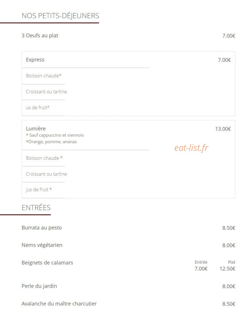Bistrot Lumière — carte page 1