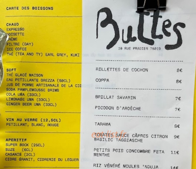 Buttes Snack Bar — carte page 1