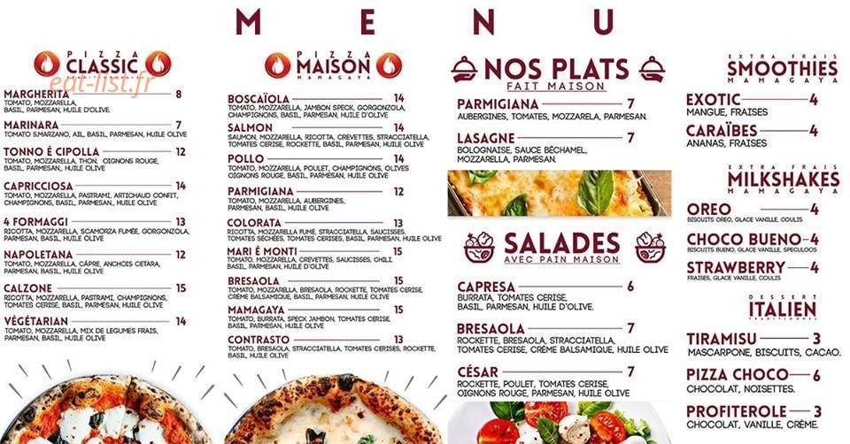 Mamagaya pizza — carte page 1