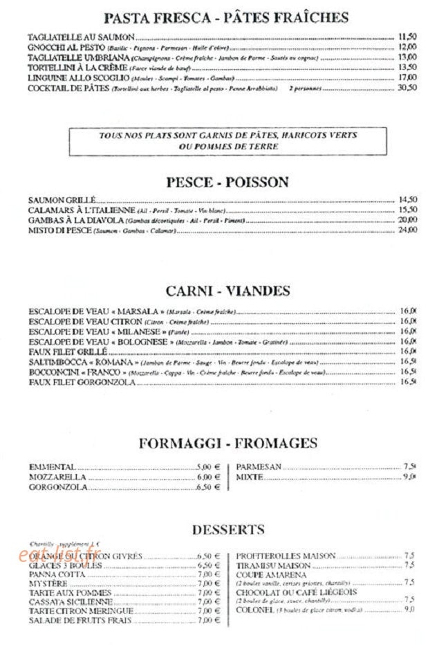 Carte et menu de Pizzeria Franco et Giacomo à Paris 19 — Les viandes, fromages, desserts