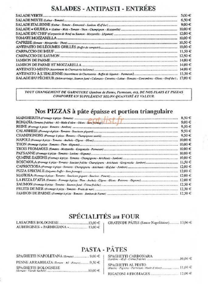Carte et menu de Pizzeria Franco et Giacomo à Paris 19 — Les salades, antipastis, entrées, pizzas...