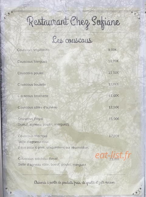 Hôtel Bar Restaurant Sofiane — carte page 1
