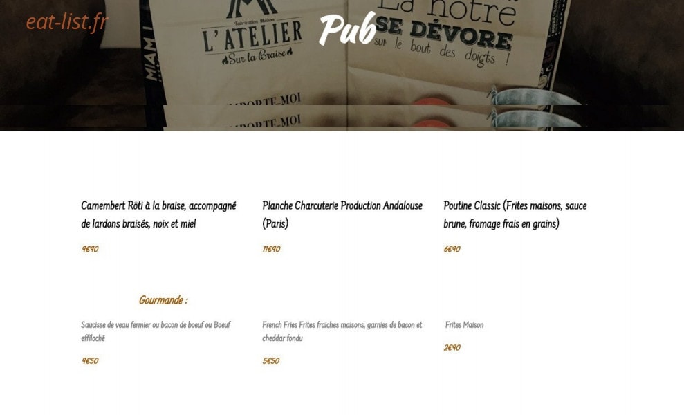 Carte et menu de L'Atelier sur la Braise à Paris 20 — Le pub