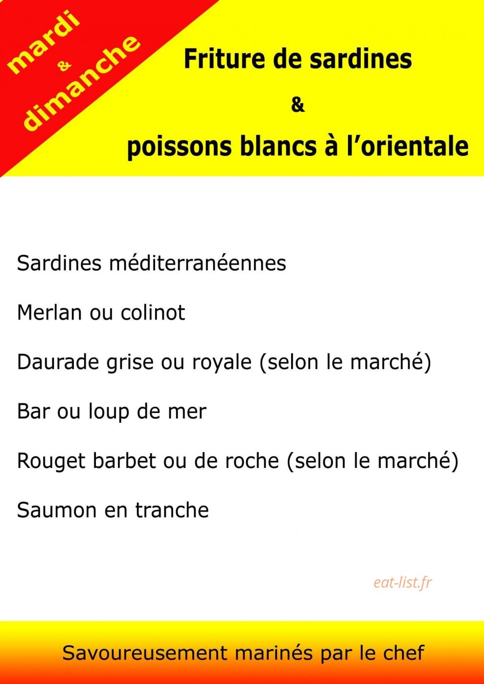 Carte et menu de Rôtisserie des Maraichers à Paris 20 — Les sardines et poissons blanc à l'orientale