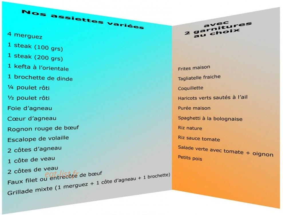 Carte et menu de Rôtisserie des Maraichers à Paris 20 — Les steaks,brochettes de dinde...