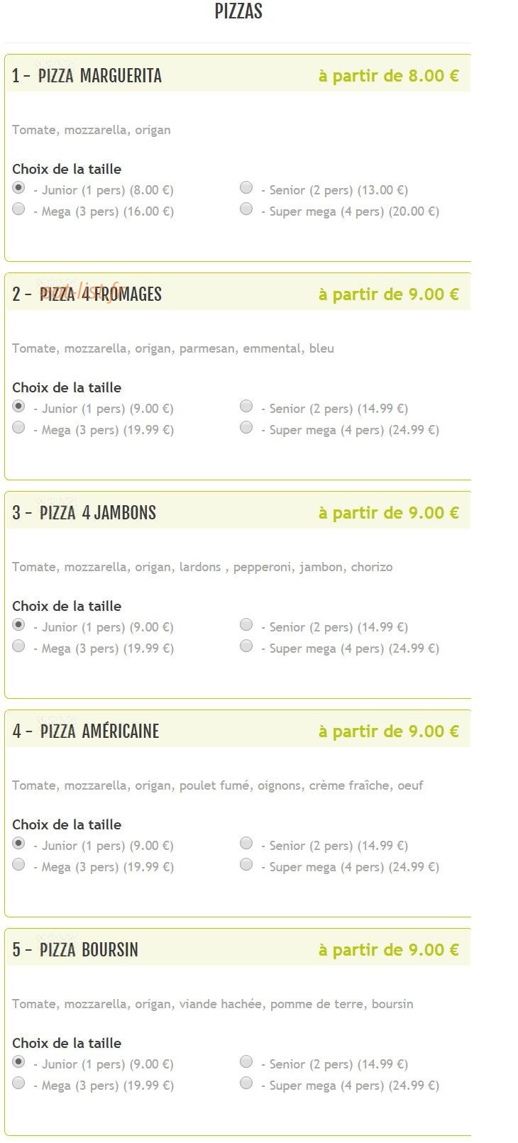 Bella Pizza — carte page 2