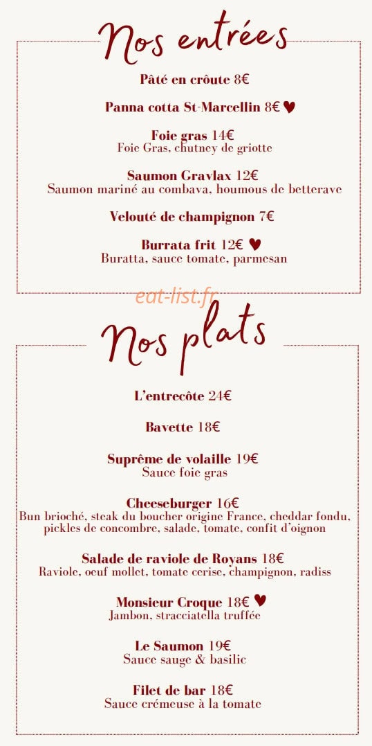 Brasserie Chéri — carte page 1