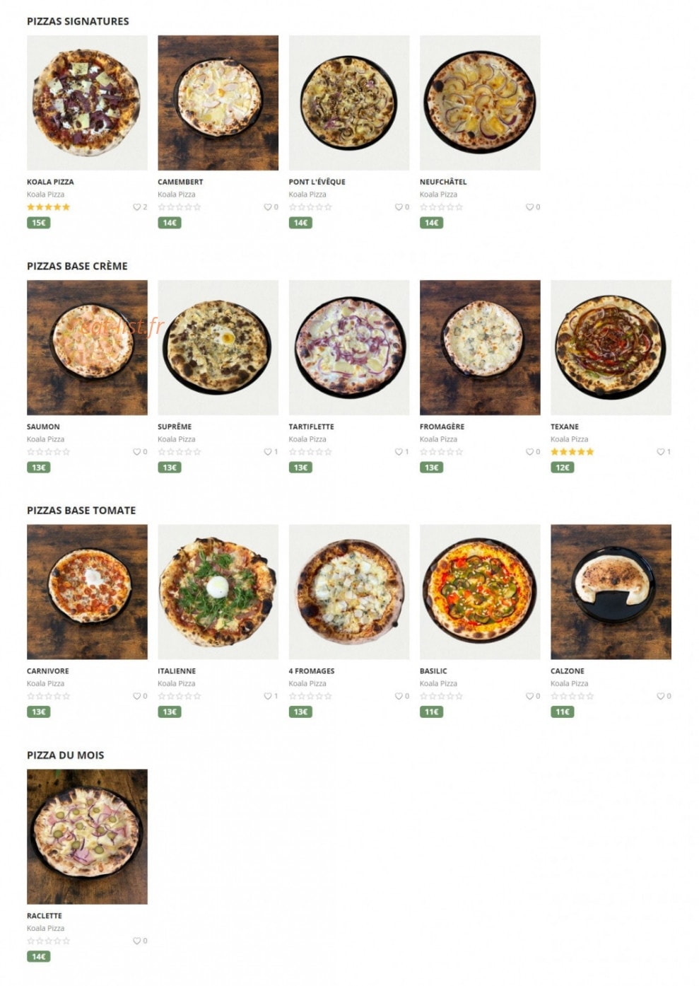 Koala pizza — carte page 1