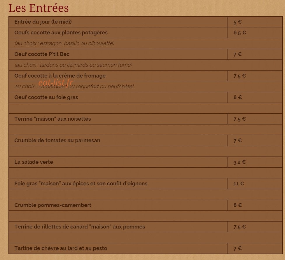 Le P'tit Bec — carte page 1
