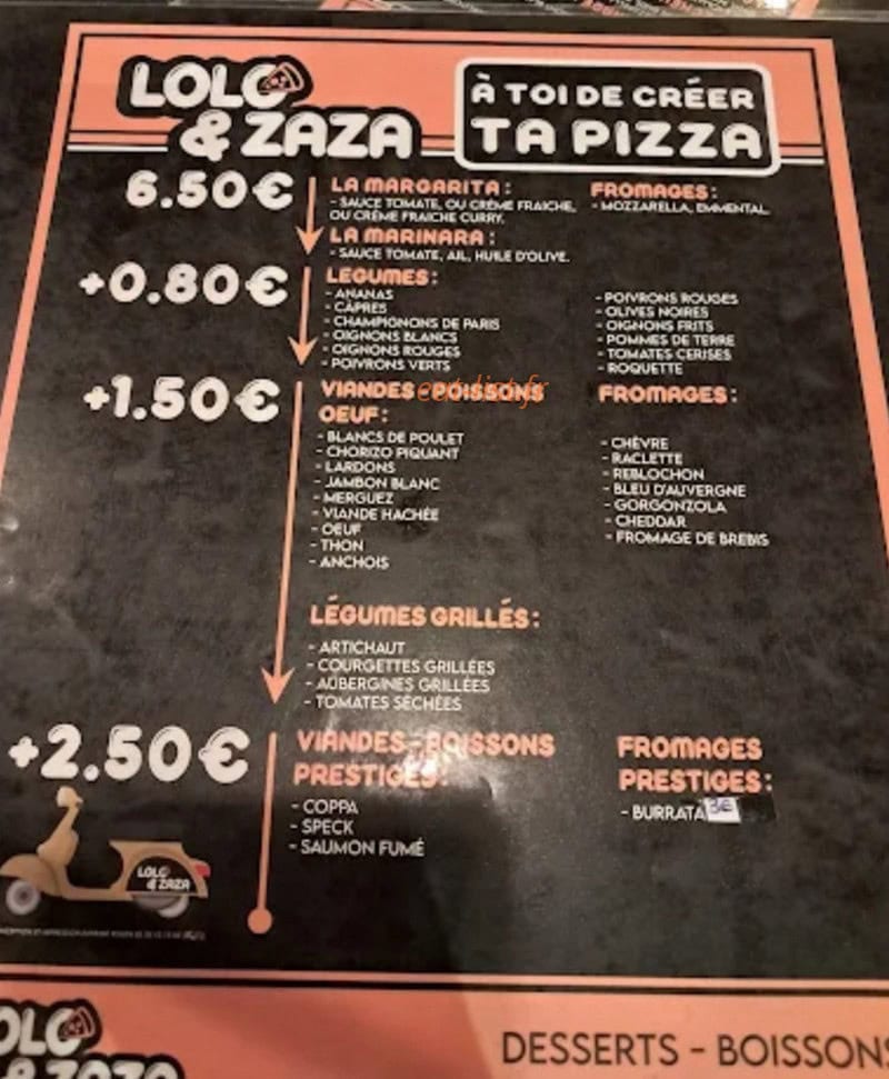 Carte et menu de Lolo & Zaza Pizzeria à Rouen — Pizza personnalisée