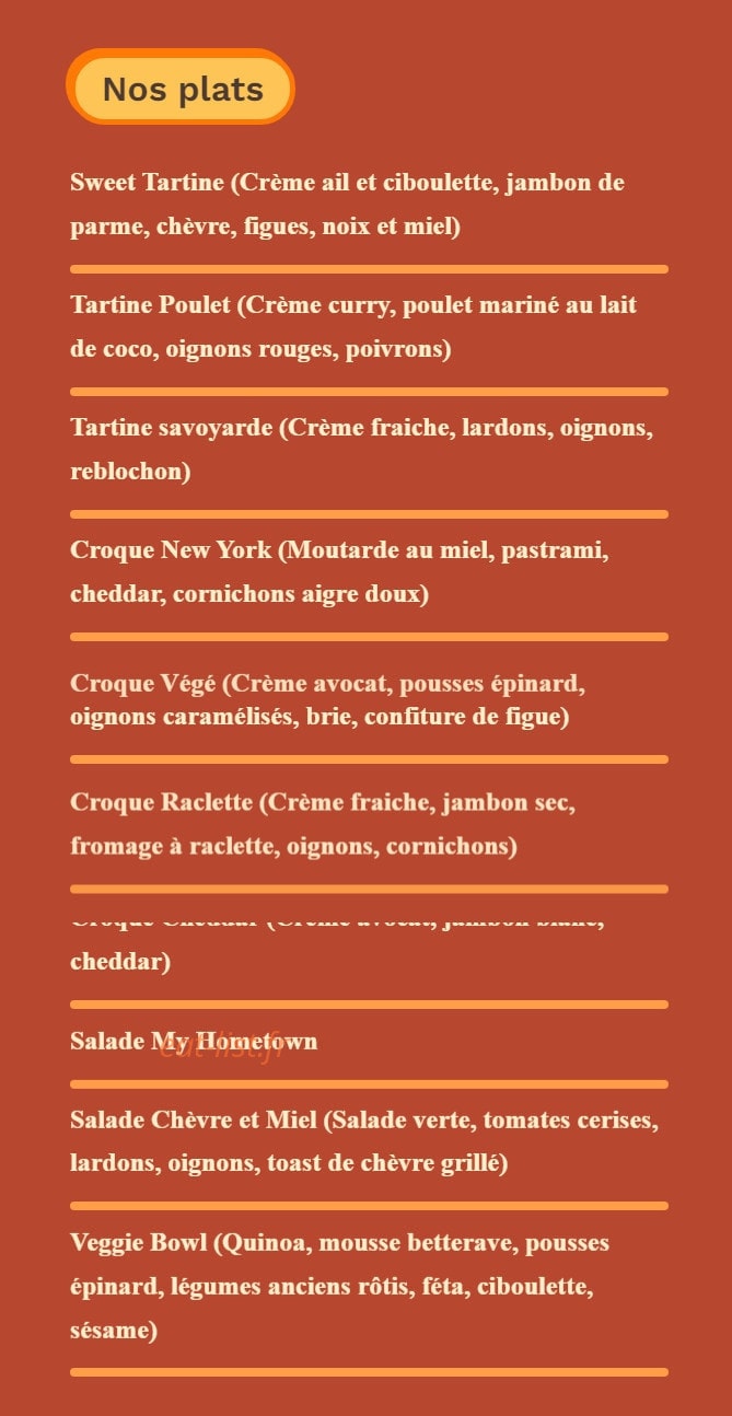 My Hometown Cafe — carte page 1
