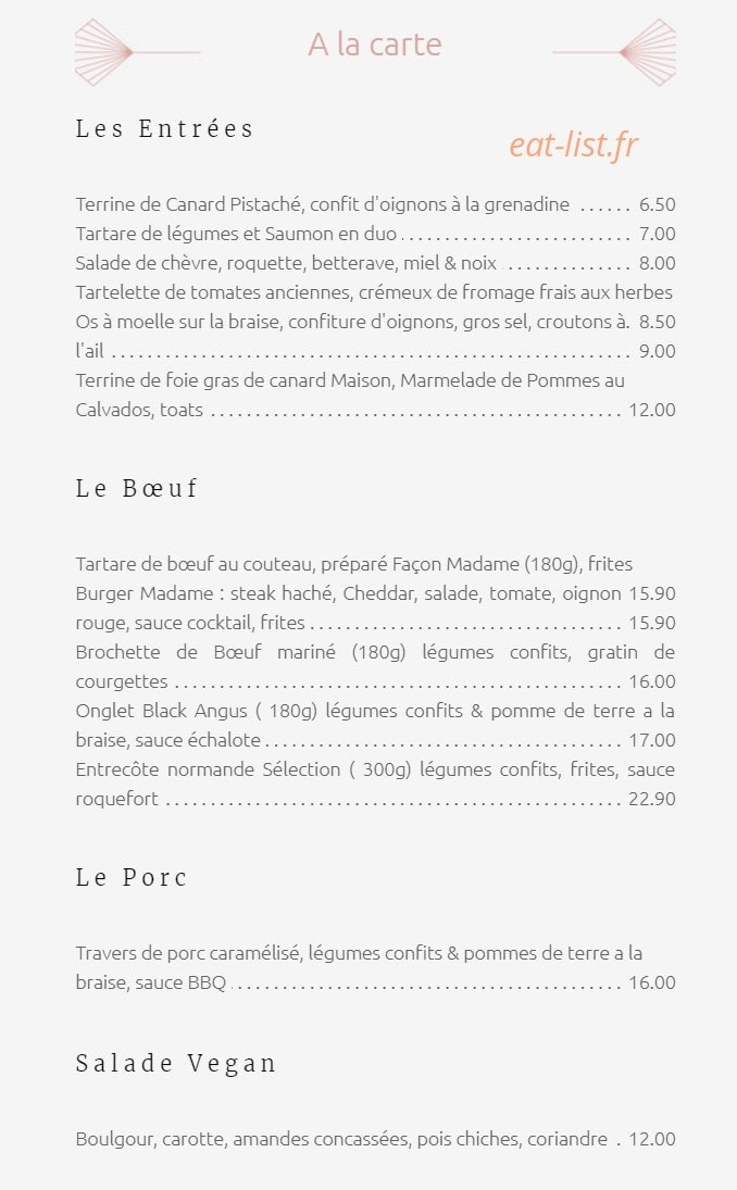 Restaurant Madame — carte page 1