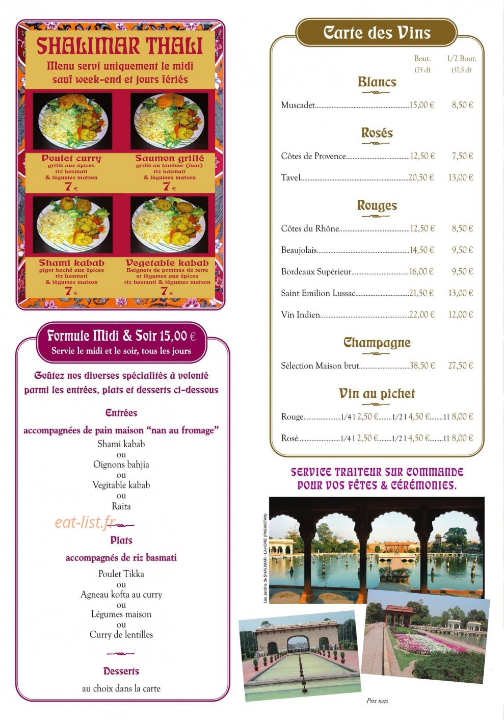 Restaurant Shalimar — carte page 2