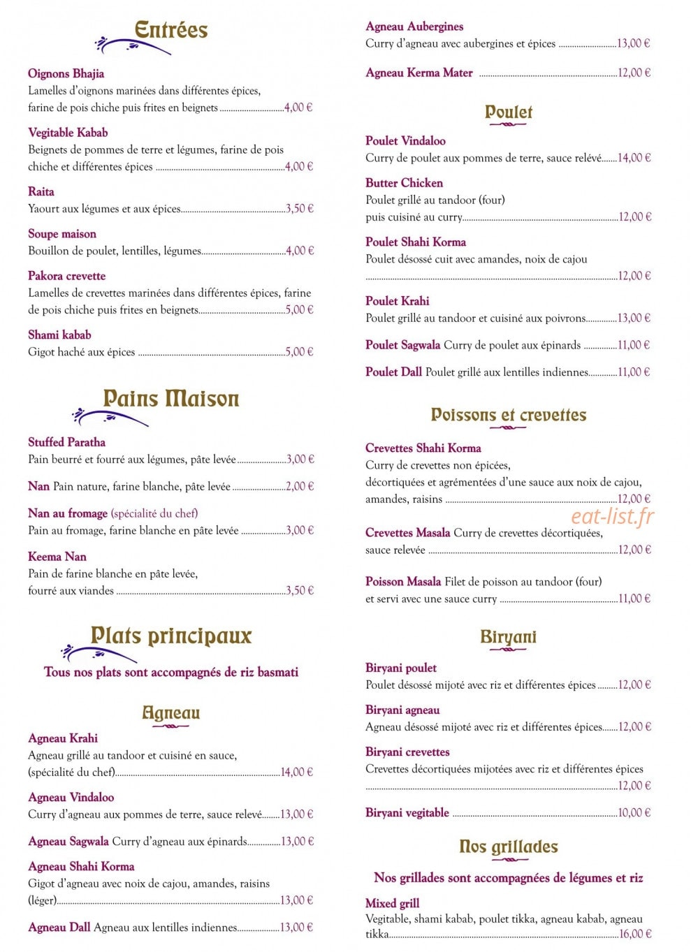 Restaurant Shalimar — carte page 3
