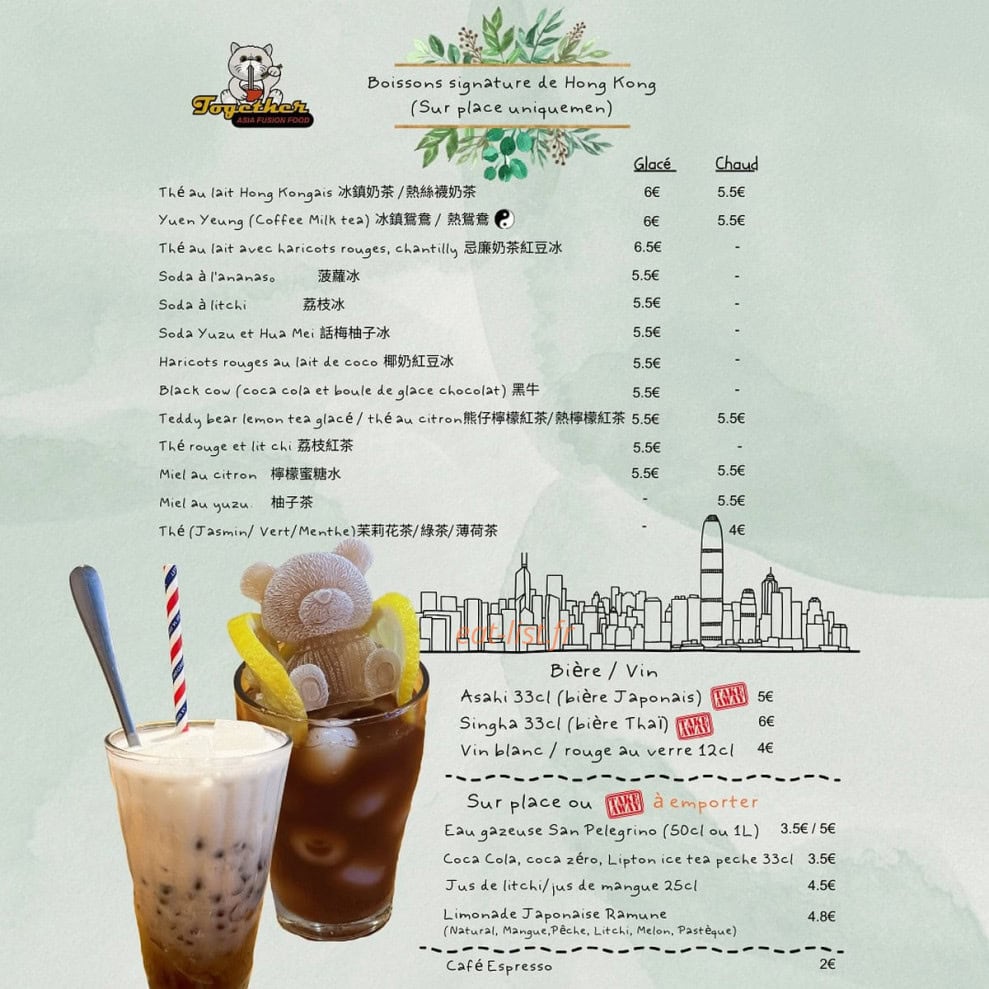 Carte et menu de Together Asia Fusion Food à Rouen — Les boissons