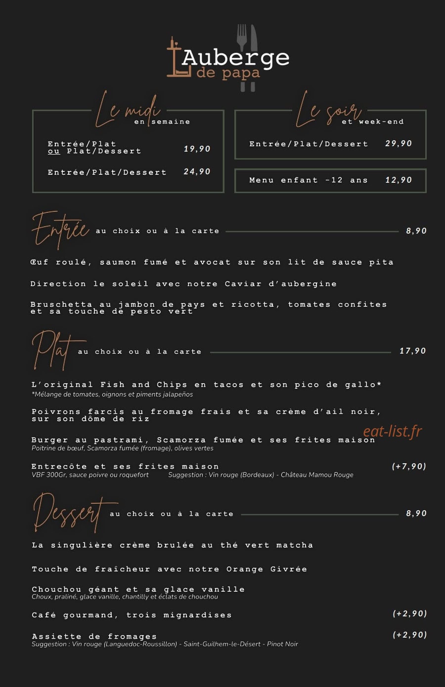 Carte et menu de L'auberge de papa à Auzouville sur Ry — La carte