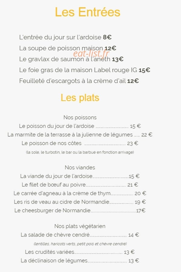 Carte et menu de Hotel restaurant de la terrasse à Varengeville sur Mer — les entrées et plats