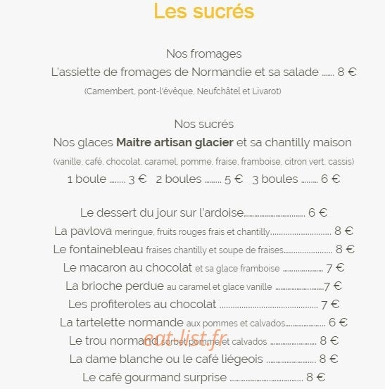 Carte et menu de Hotel restaurant de la terrasse à Varengeville sur Mer — les fromages et sucrés