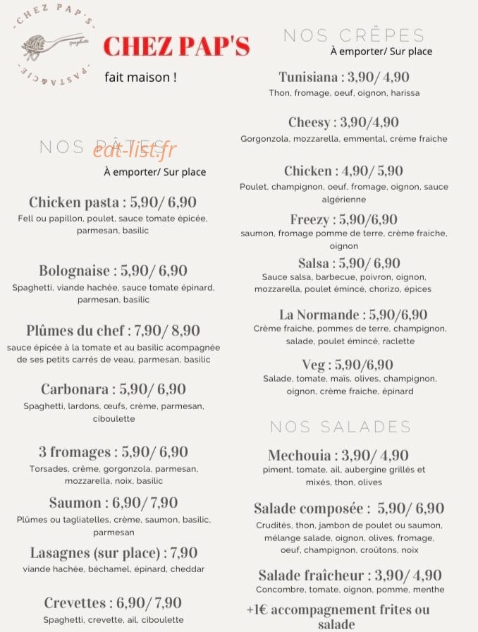 Chez Pap's — carte page 1
